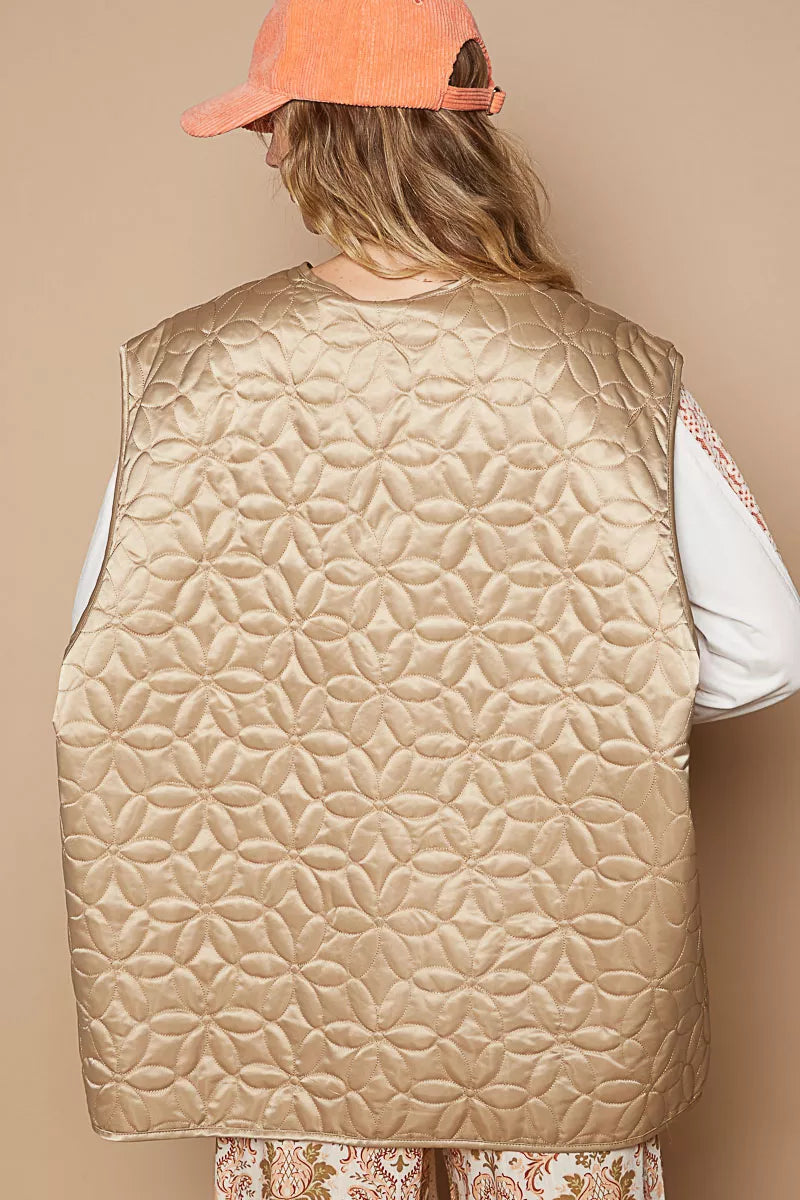 POL Mocha Front Zipper Floral Pattern Quilted Vest Coat with Front Pockets