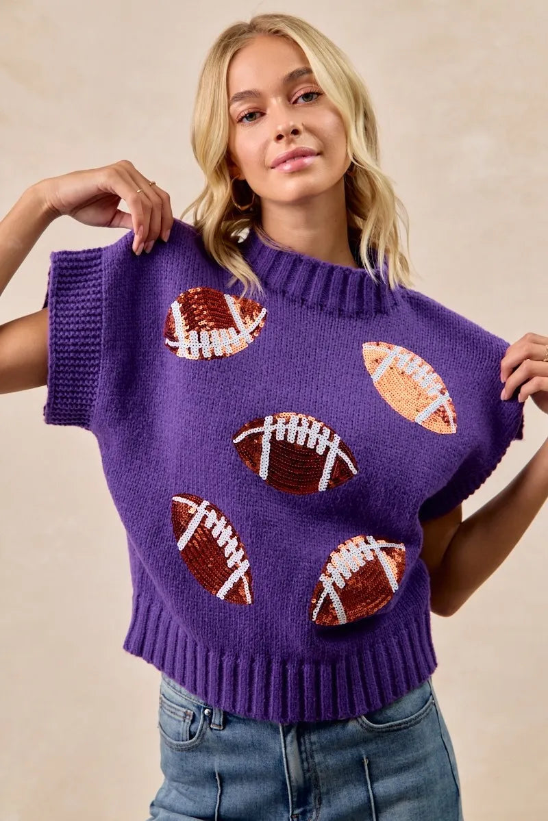 BiBi Purple Game Day Sequin Football Patches Rib Banded Sweater PURPLE