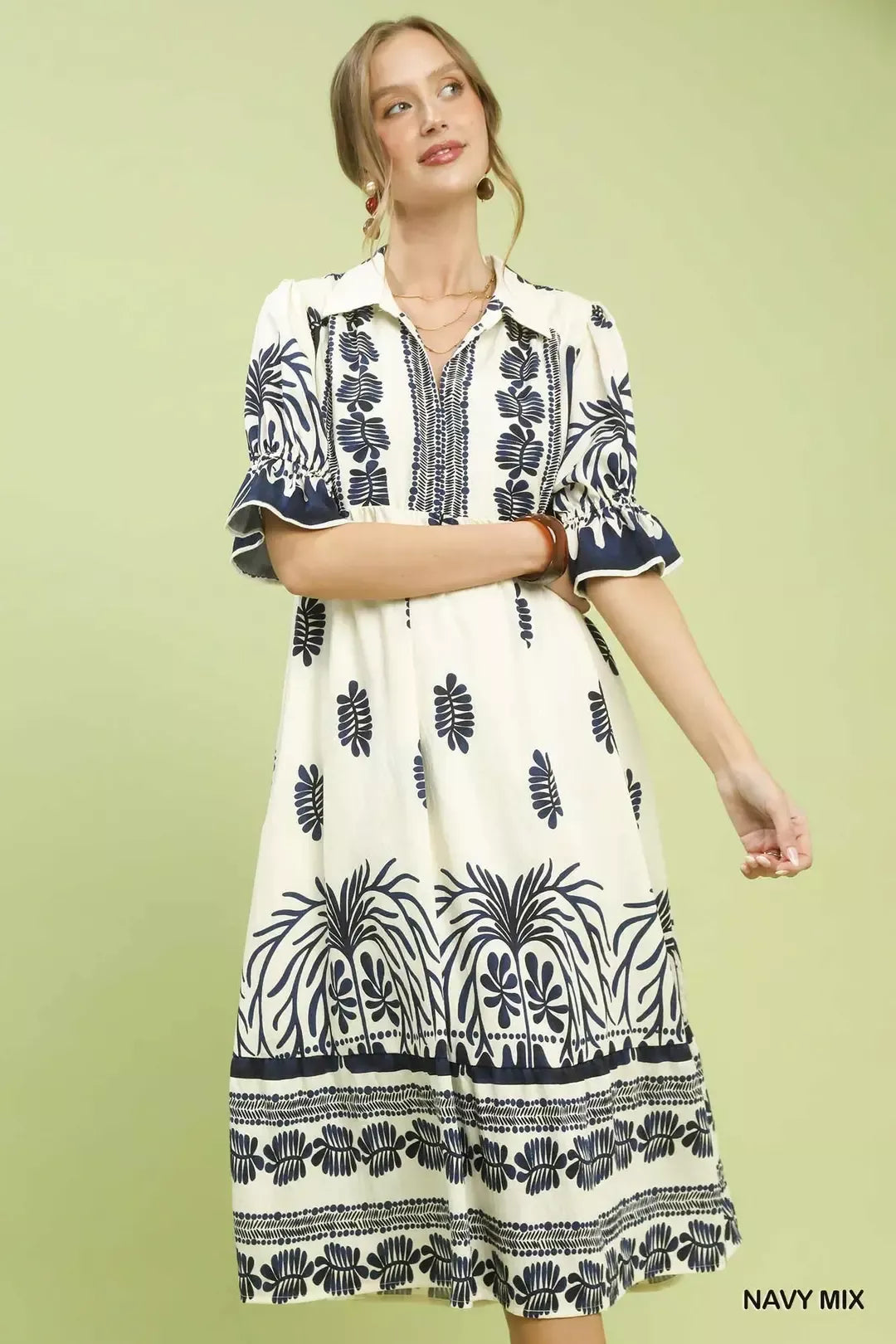 Umgee Navy Mix Border Print Midi Dress with Puff Sleeves NAVY MIX