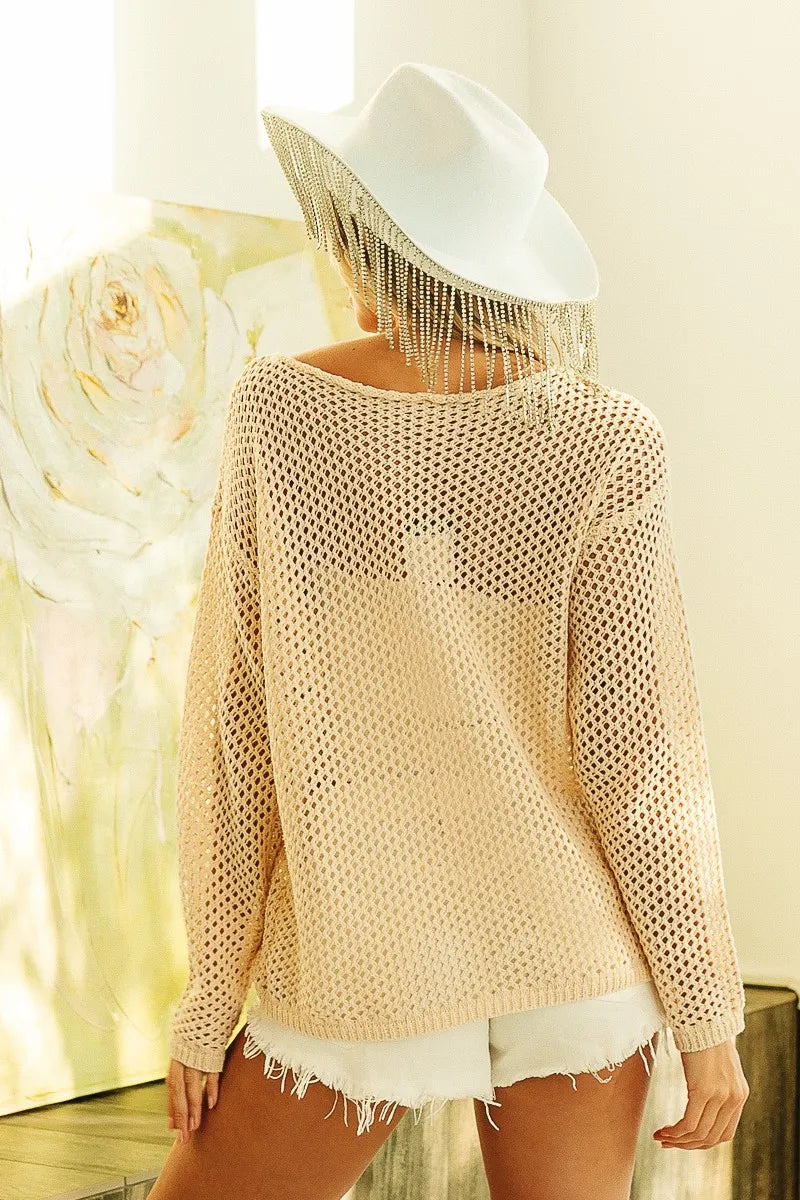 BiBi Oatmeal Sequin American Flag Patch Open Knit Cover Up