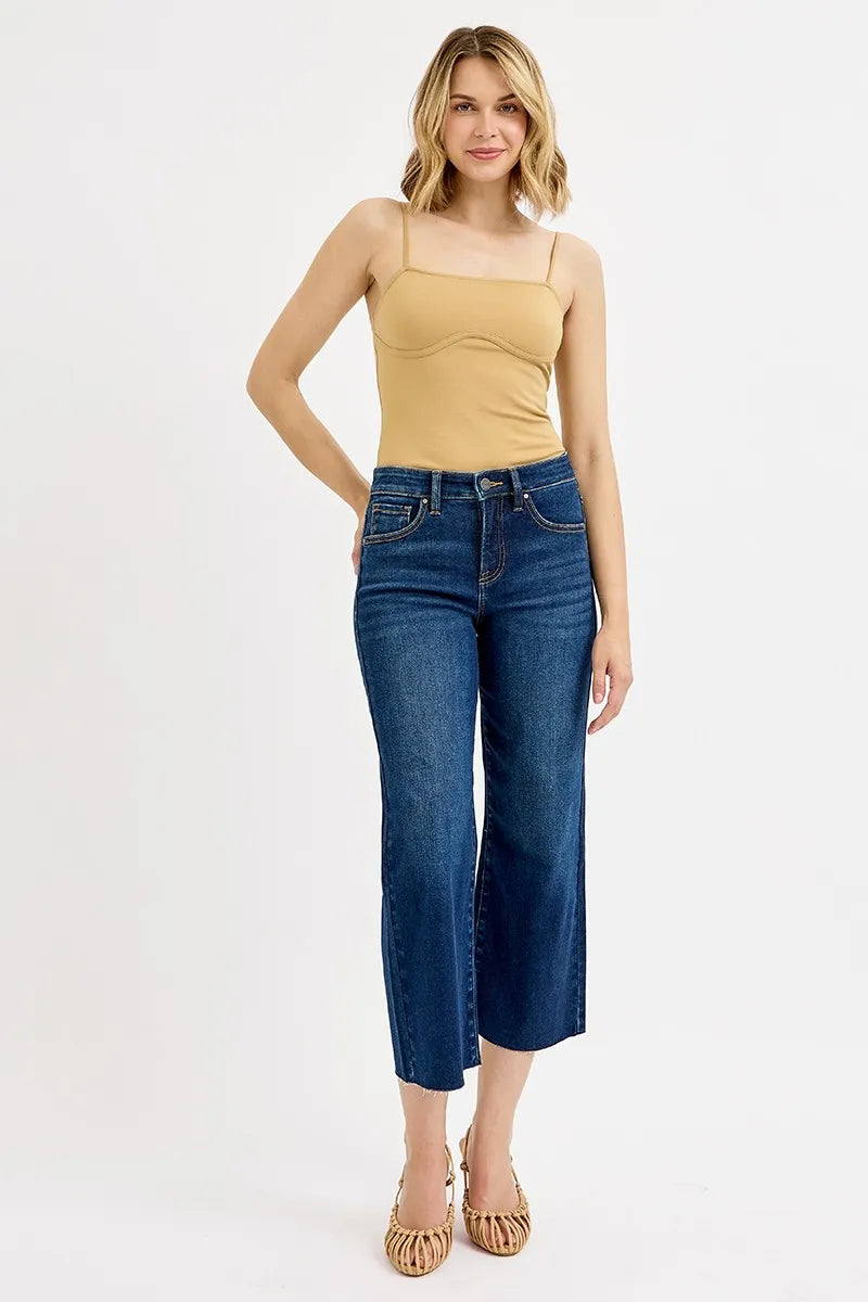 RISEN Dark Washed Tummy Control High Rise Raw Hem Cropped Wide Leg Jeans
