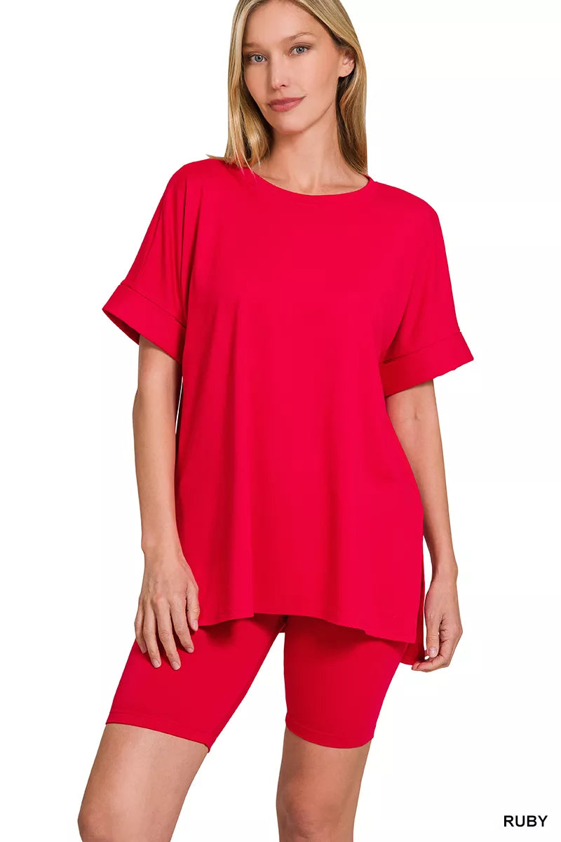 Zenana Ruby Brushed Dty Microfiber Round Neck Top and Biker Shorts Set