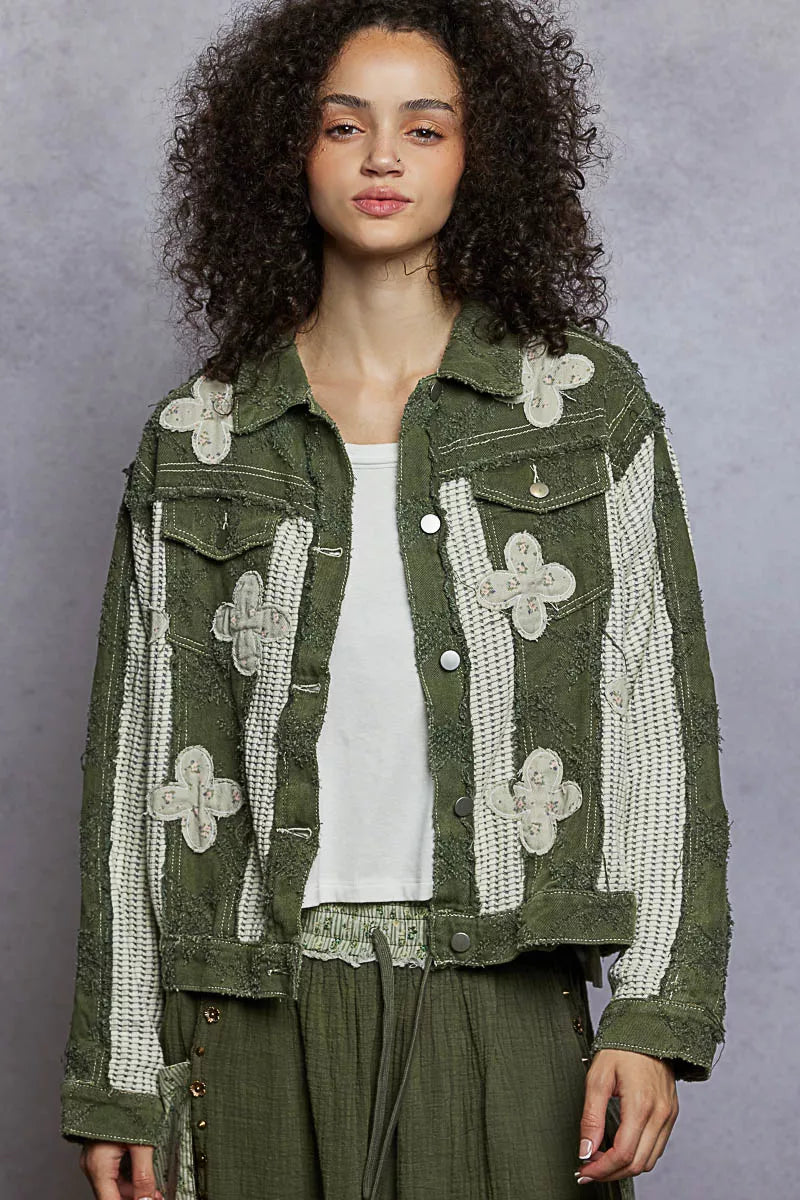 POL Olive Multi Button Down Raw Hem Jacket with Floral Patches