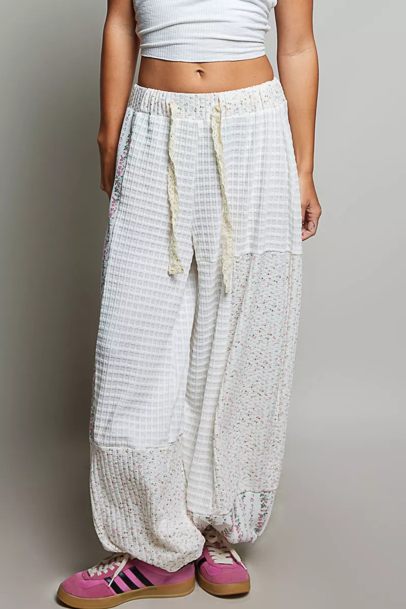 POL Ivory Patchwork Mixed Knit Wide Leg Pants IVORY MULTI