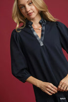 Umgee Navy French Terry Ruffle Hem Dress with Plaid Trim