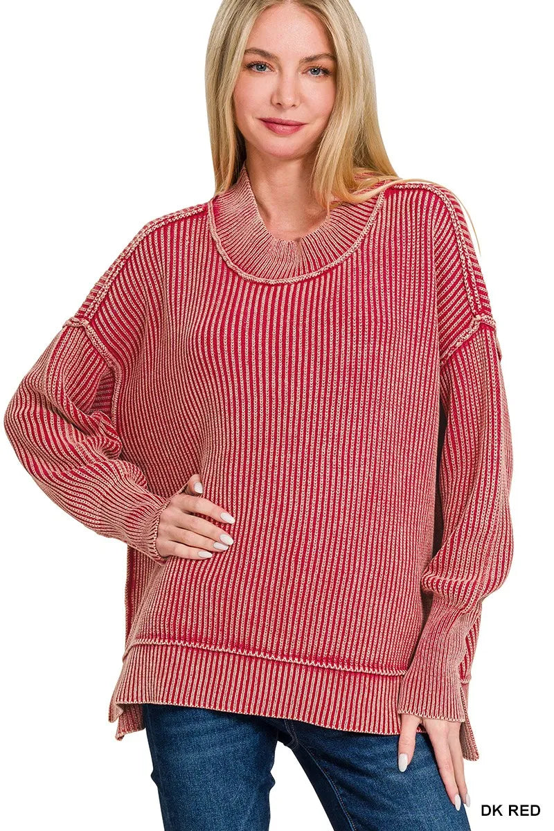 Zenana Dark Red Washed Side Slit Oversized Sweater DK RED