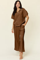 Double Take Quilted Textured Half Zip Short Sleeve Top and Pants Set Mocha Sets