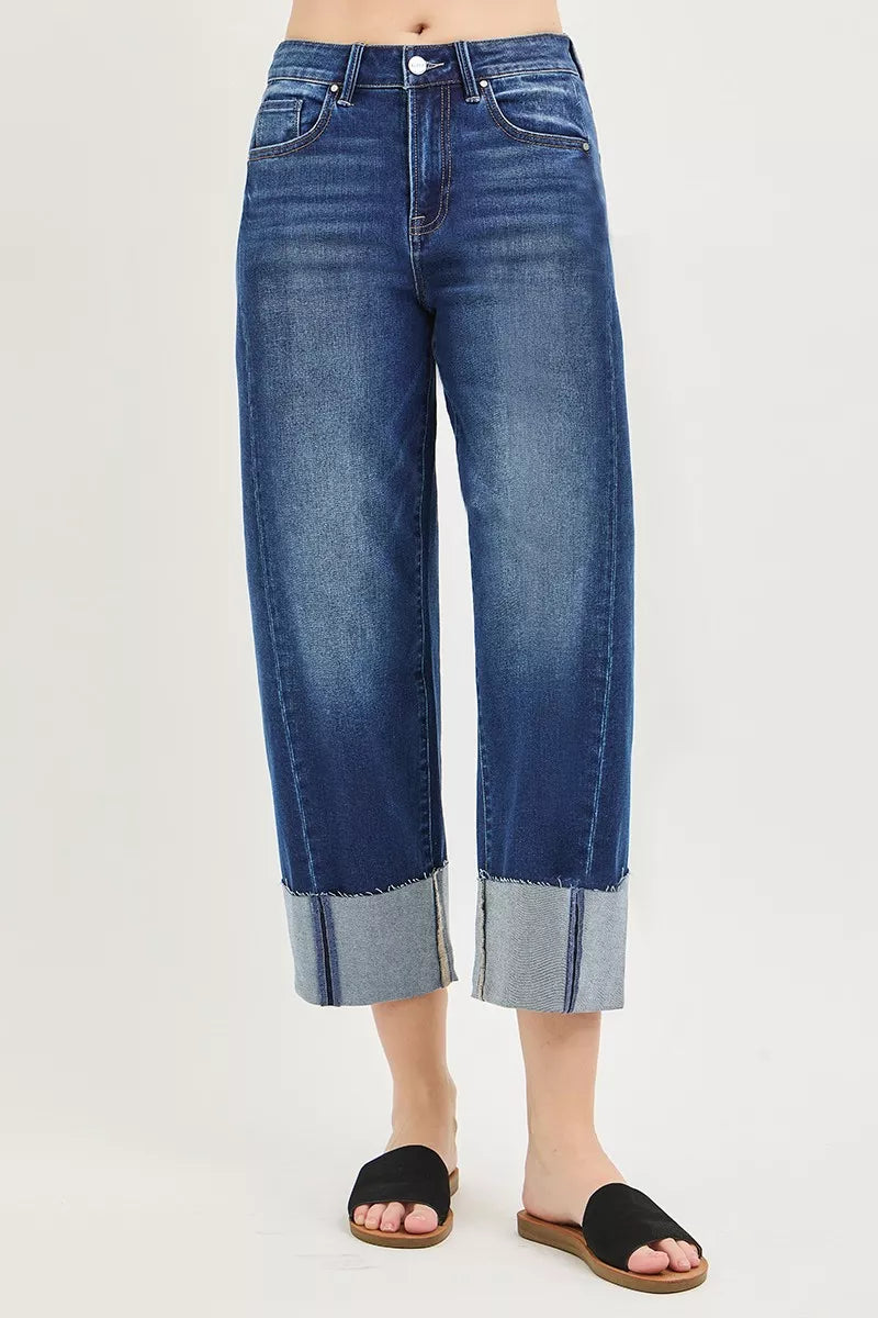 RISEN Dark Washed Slouchy Crop Barrel Cuffed Jeans