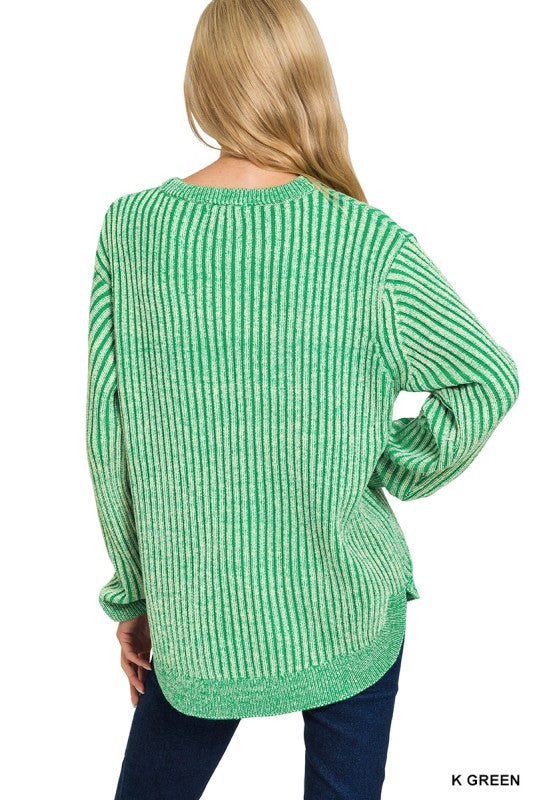 Zenana Black Curved Hem Two-Tone Ribbed Sweater