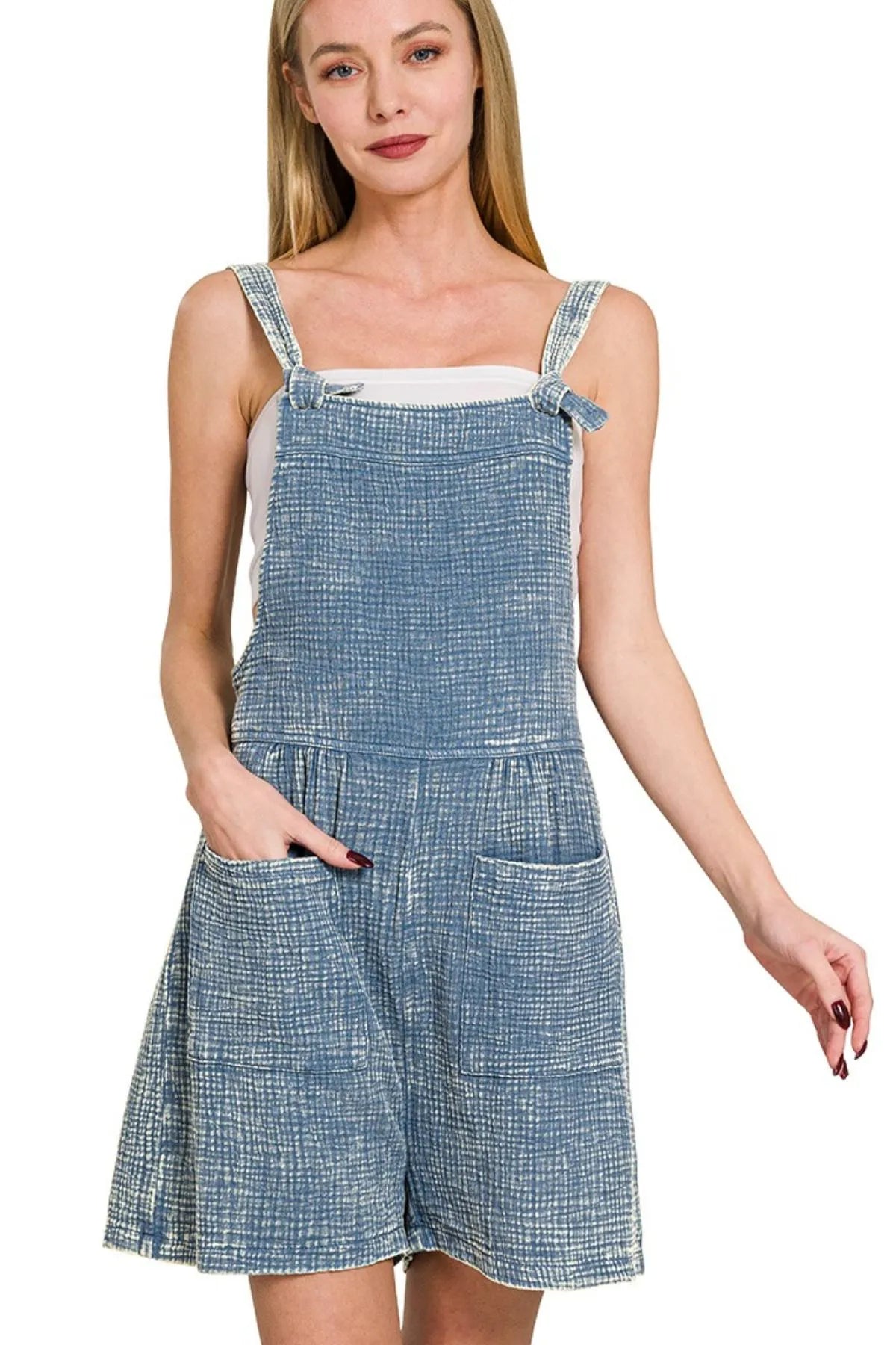 Zenana Dusty Blue Woven Double Gauze Acid Washed Romper DUSTY BLUE
