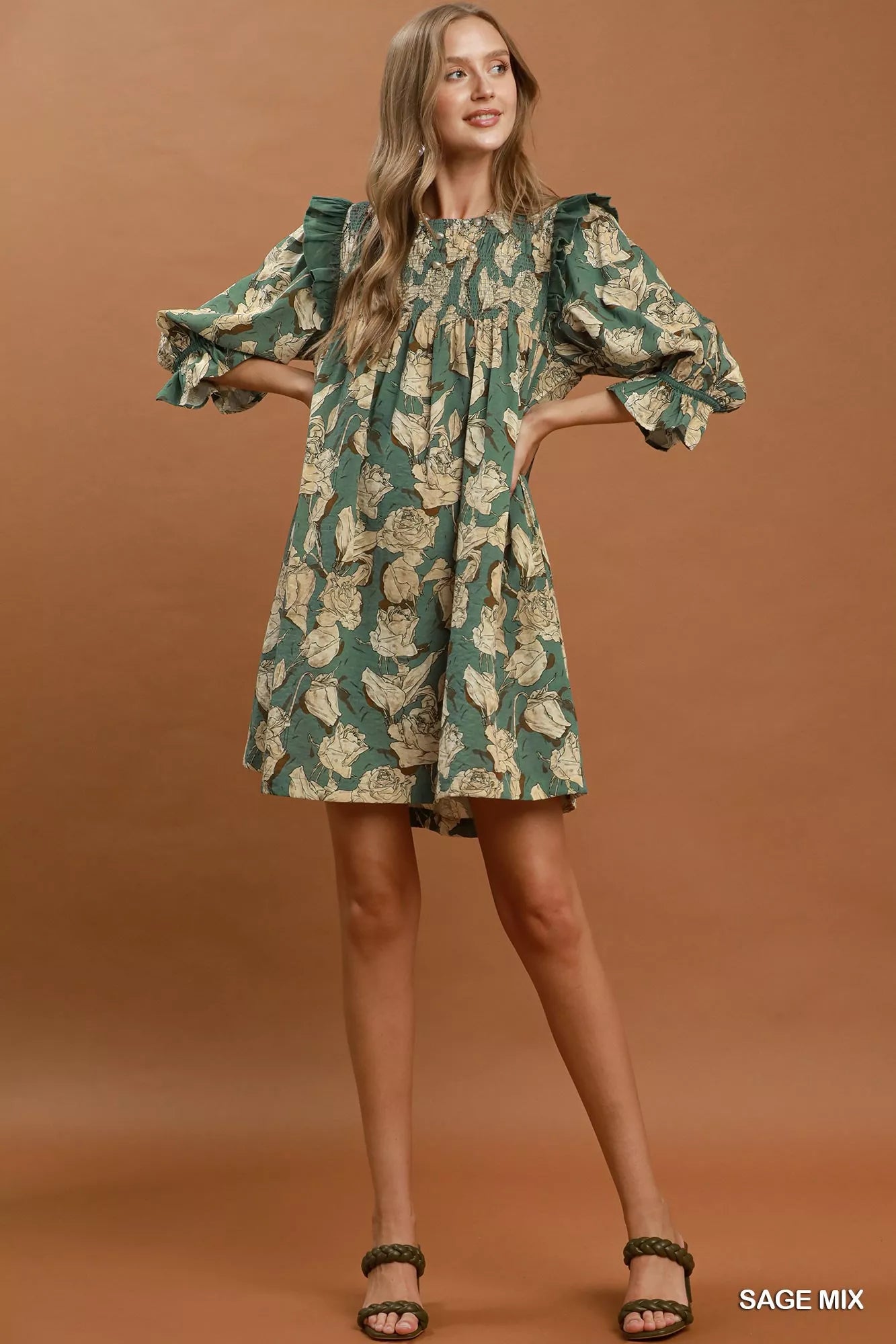 Umgee Sage Mix Floral Print Smocked Ruffle Detail Flowy Dress