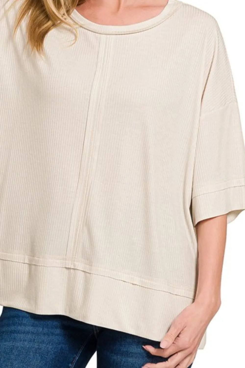 Zenana Sand Beige Ribbed Boat Neck 3/4 Sleeve Top