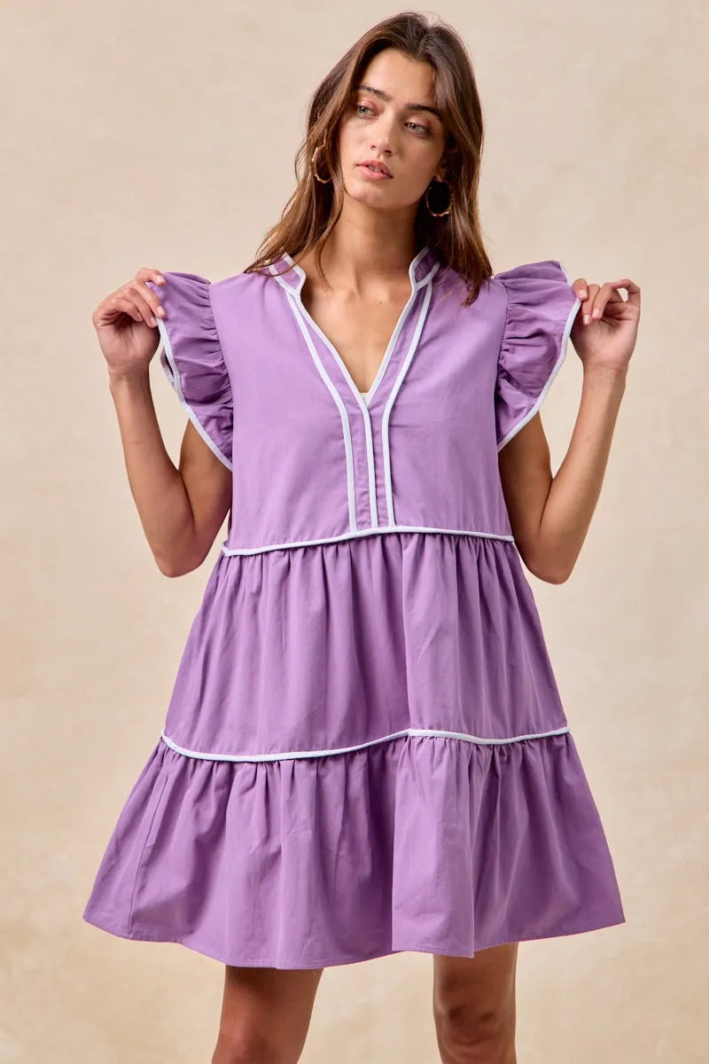 BiBi Purple Game Day Theme Contrast Binding Ruffled Dress
