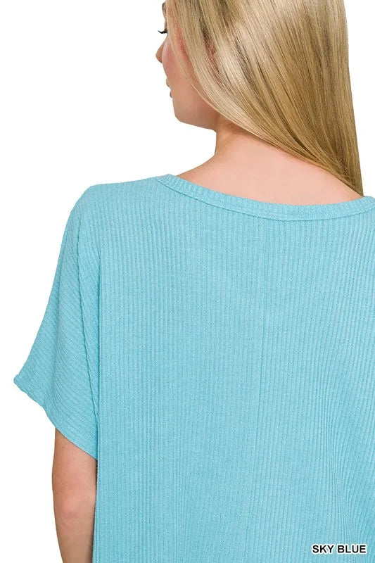 Zenana Sky Blue Ribbed V-Neck Short-Sleeve Knit Top