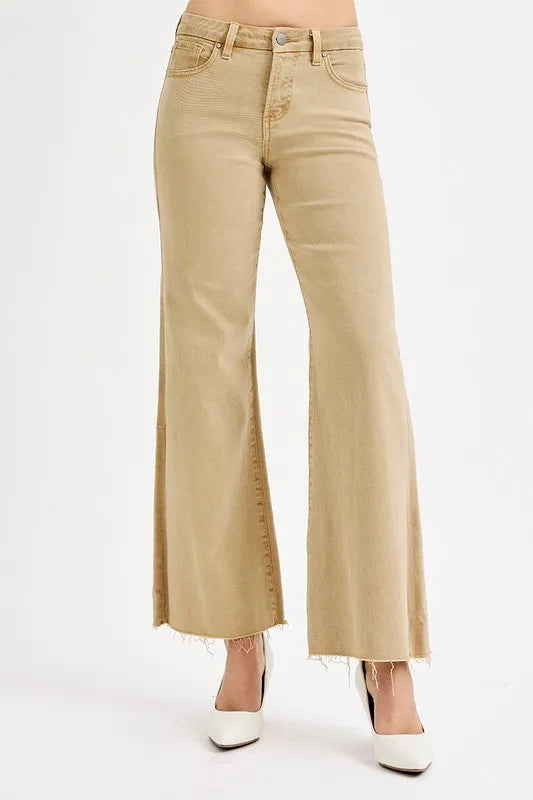 RISEN Tan Tummy Control Raw Hem Wide Leg Jeans