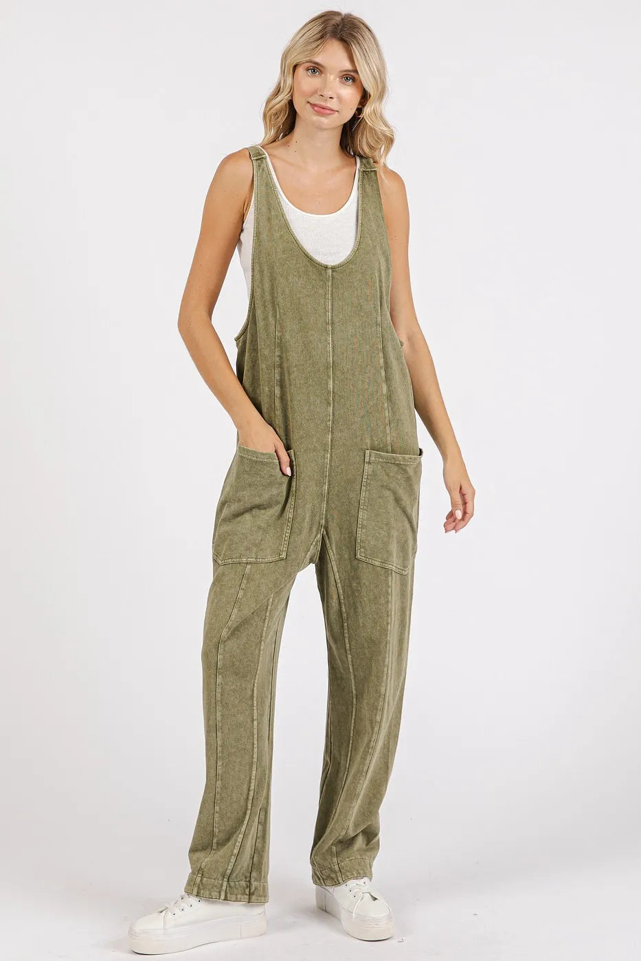 Mittoshop Light Olive Mineral Wash Relaxed Fit Sleeveless Harem Jumpsuit LT OLIVE