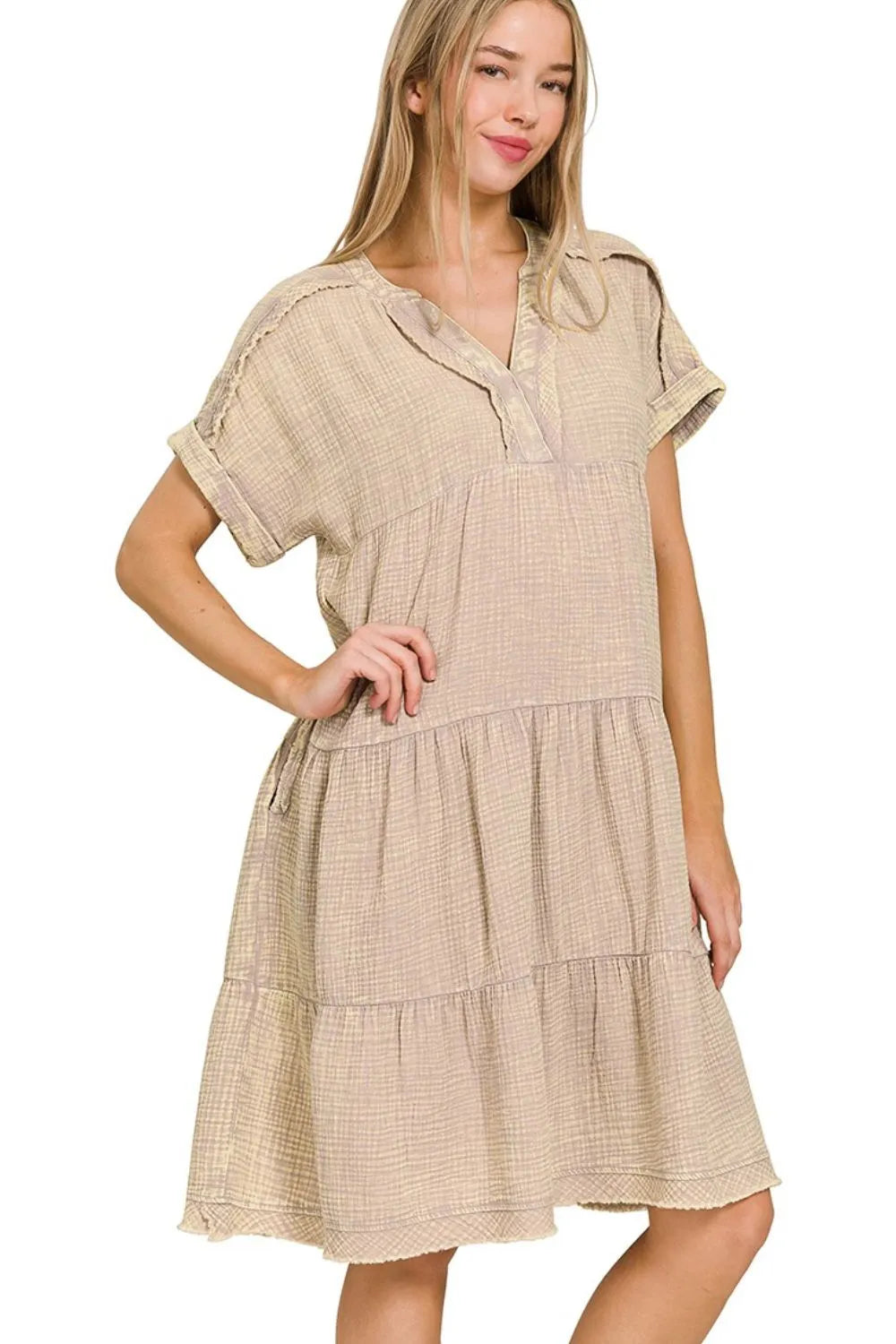 Zenana Washed Double Gauze Raw Edge Notched Dress