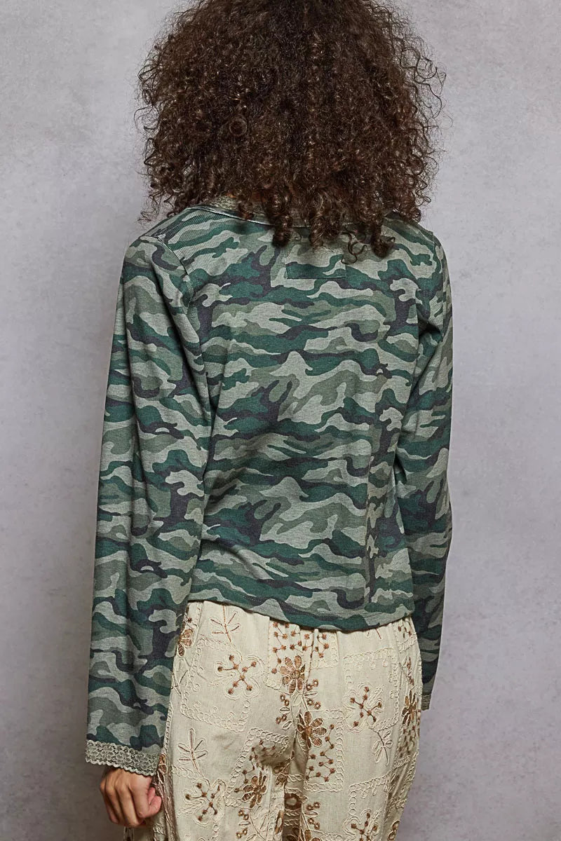 POL Olive & Camouflage Print Long Sleeve Top