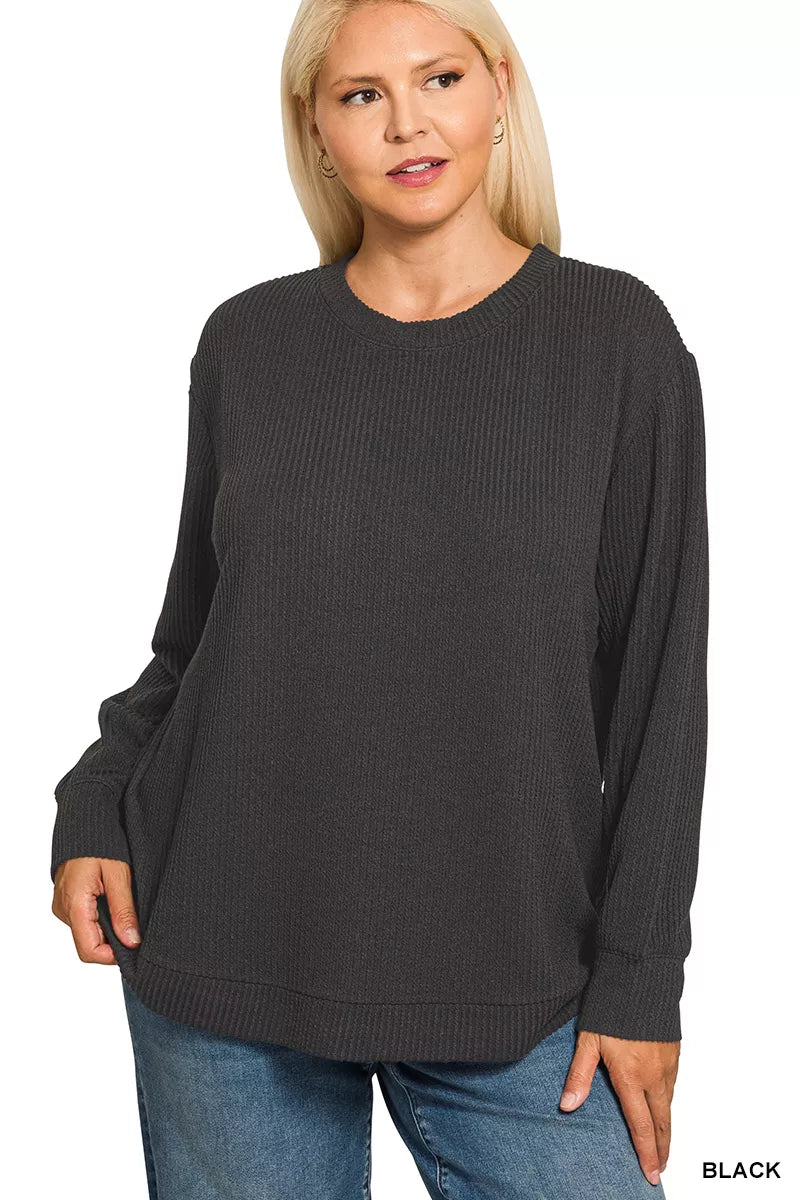 Zenana Black Raised Rib Round Neck Long Sleeve Top