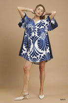 Umgee Navy Abstract Print Kimono Sleeve Mini Dress