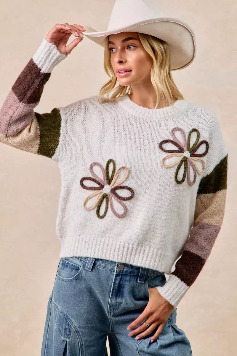 BiBi Ivory & Mocha Flower Color Block Sweater