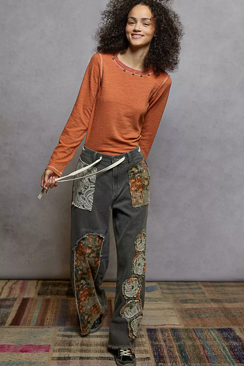 POL Dried Apricot Round Neck Long Sleeve Contrast Stitching T-Shirt with Stud Detail