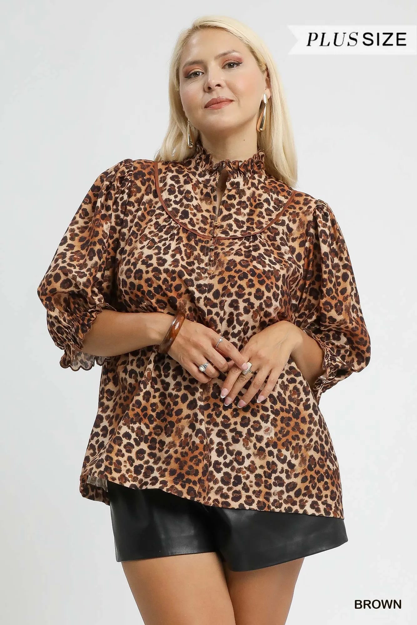 Umgee Brown Leopard Print Ruffle Neck Blouse