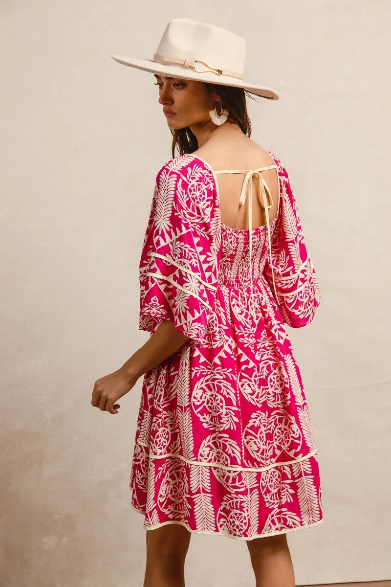 BiBi Fuchsia Aztec Woven Printed Contrast Binding Dress