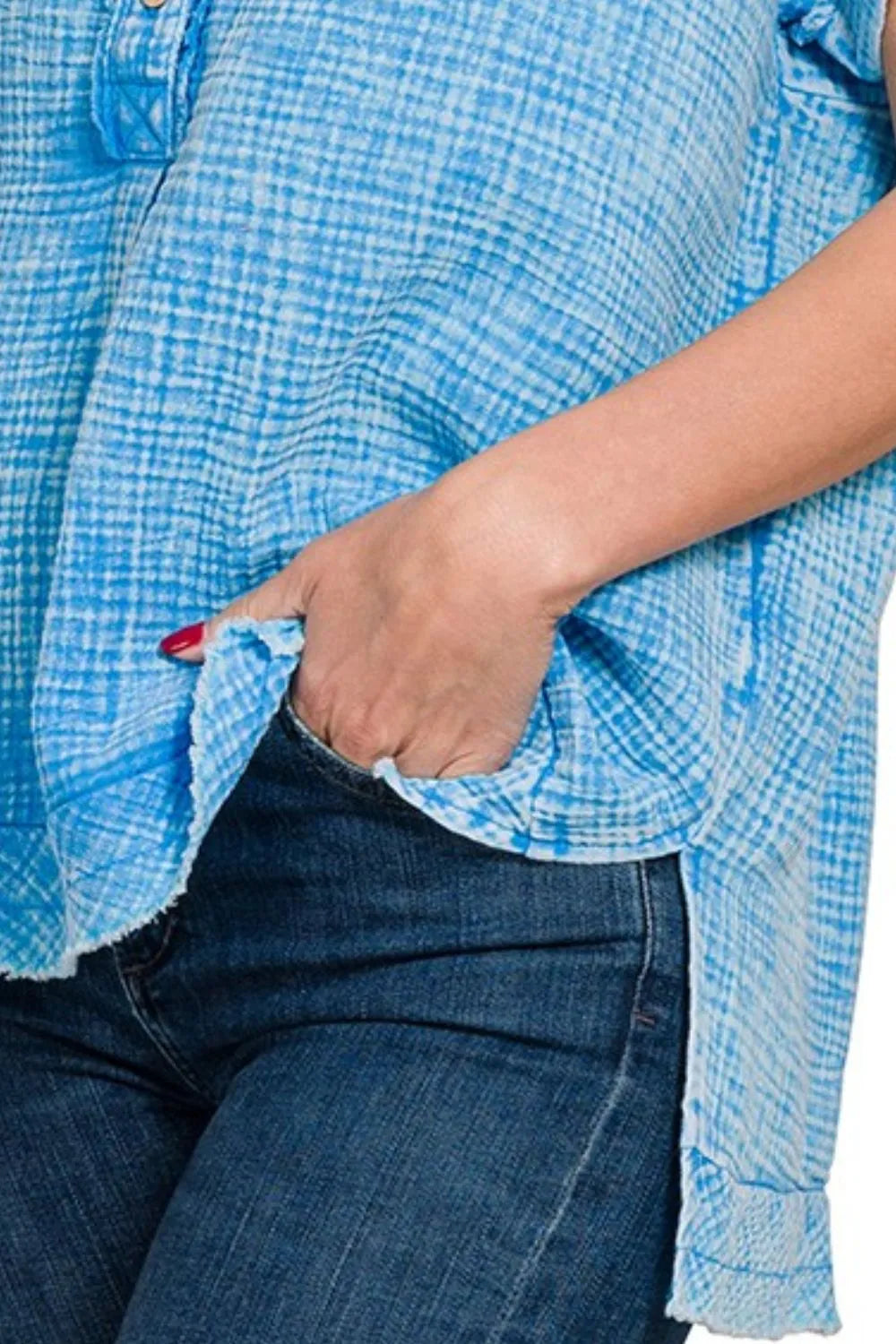 Zenana Deep Sky Washed Double Gauze 3/4 Button Henley Neck Shirt