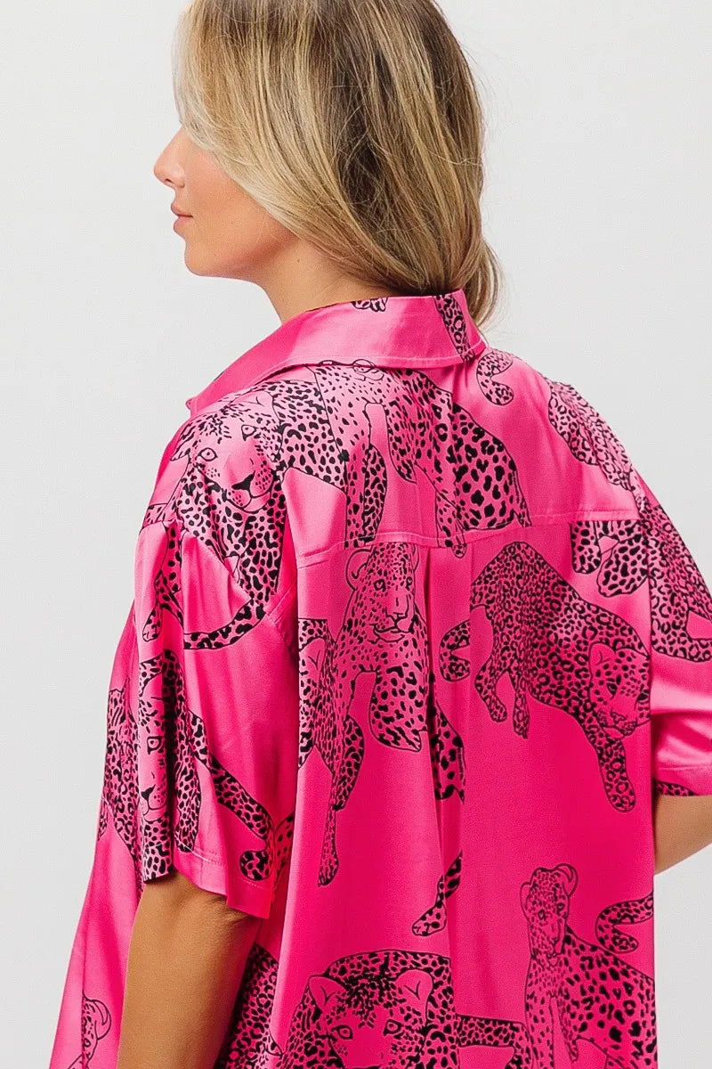 BiBi Fuchsia Leopard Print Short Sleeve Silky Satin Shirt Blouse