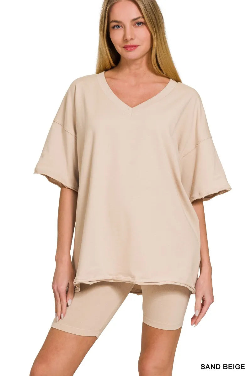Zenana Sand Beige Cotton V-neck Top & Biker Shorts Set SAND BEIGE