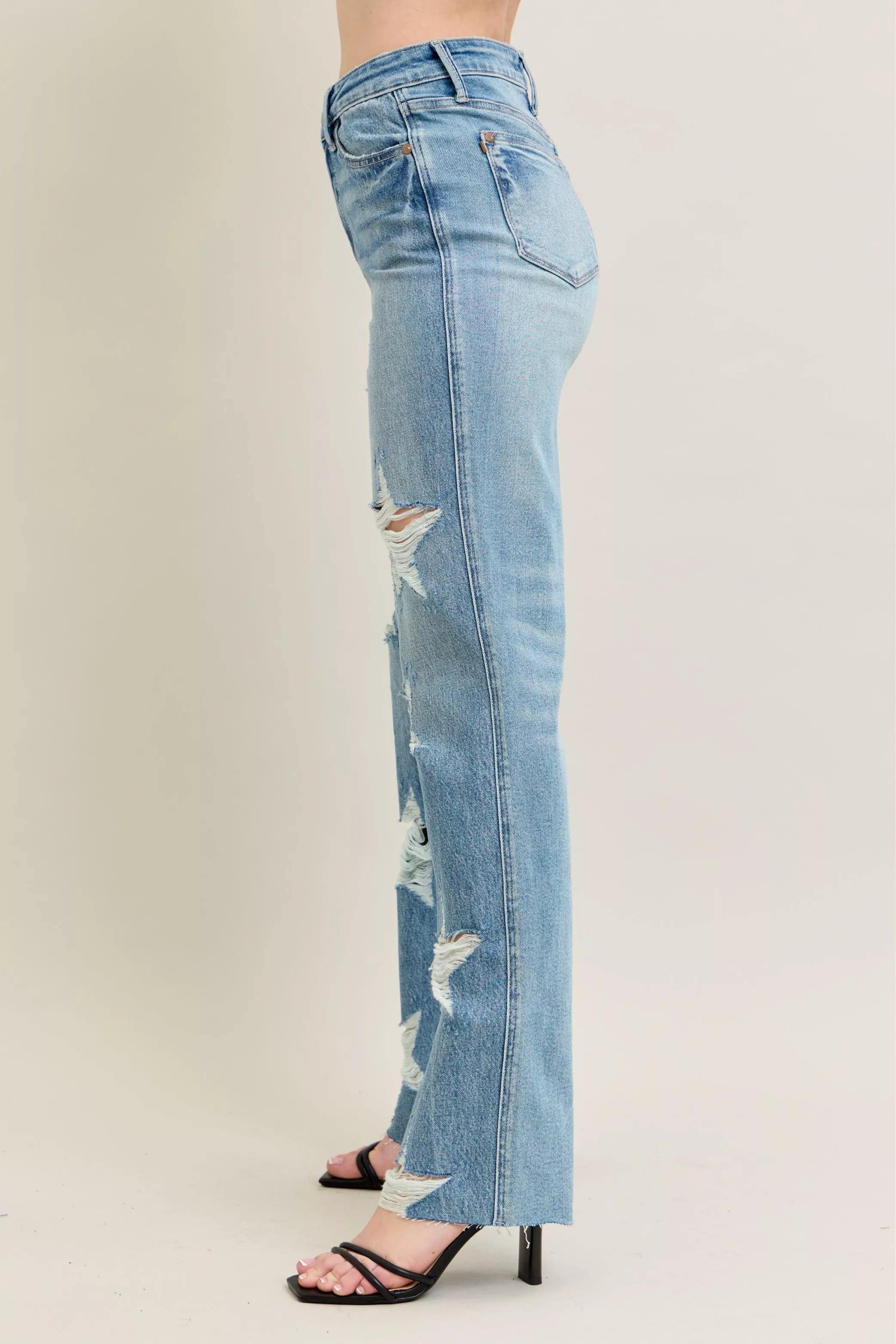 Judy Blue High Waist Rigid Magic Star Shaped Destroyed 90's Straight Jeans
