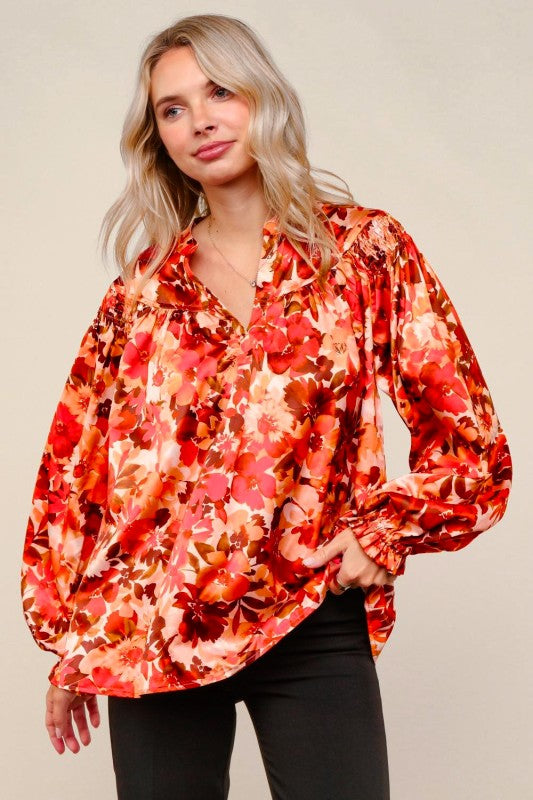 Haptics Rust Floral Print Notched Neck Smocked Satin Blouse