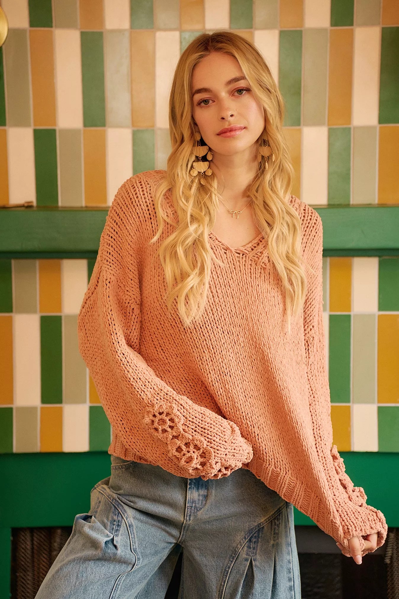 BiBi Dusty Peach Chunky Knit Sweater with Flower Detail Sleeves