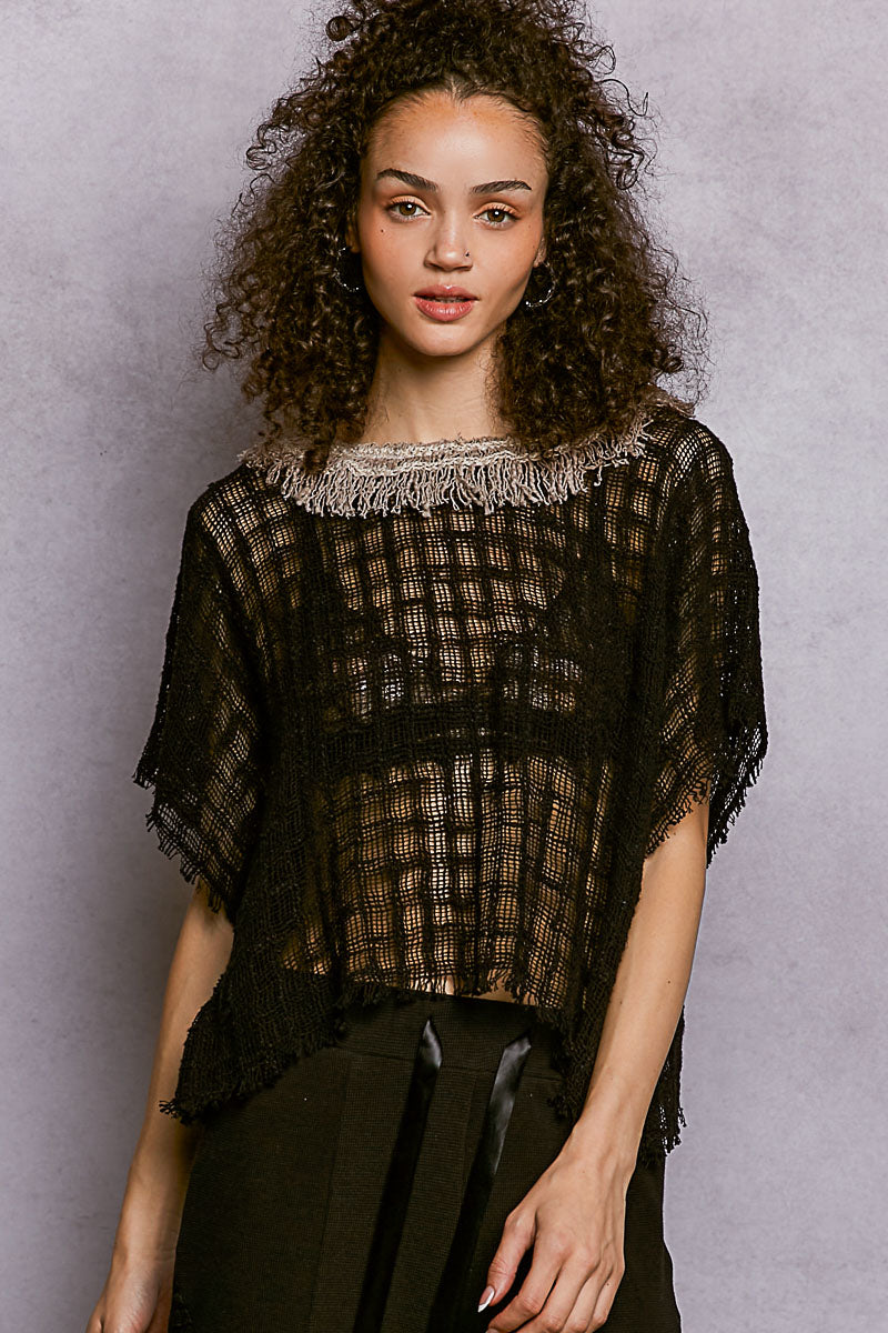POL Black Textured Raw Hem Round Neck Short Sleeve Top BLACK