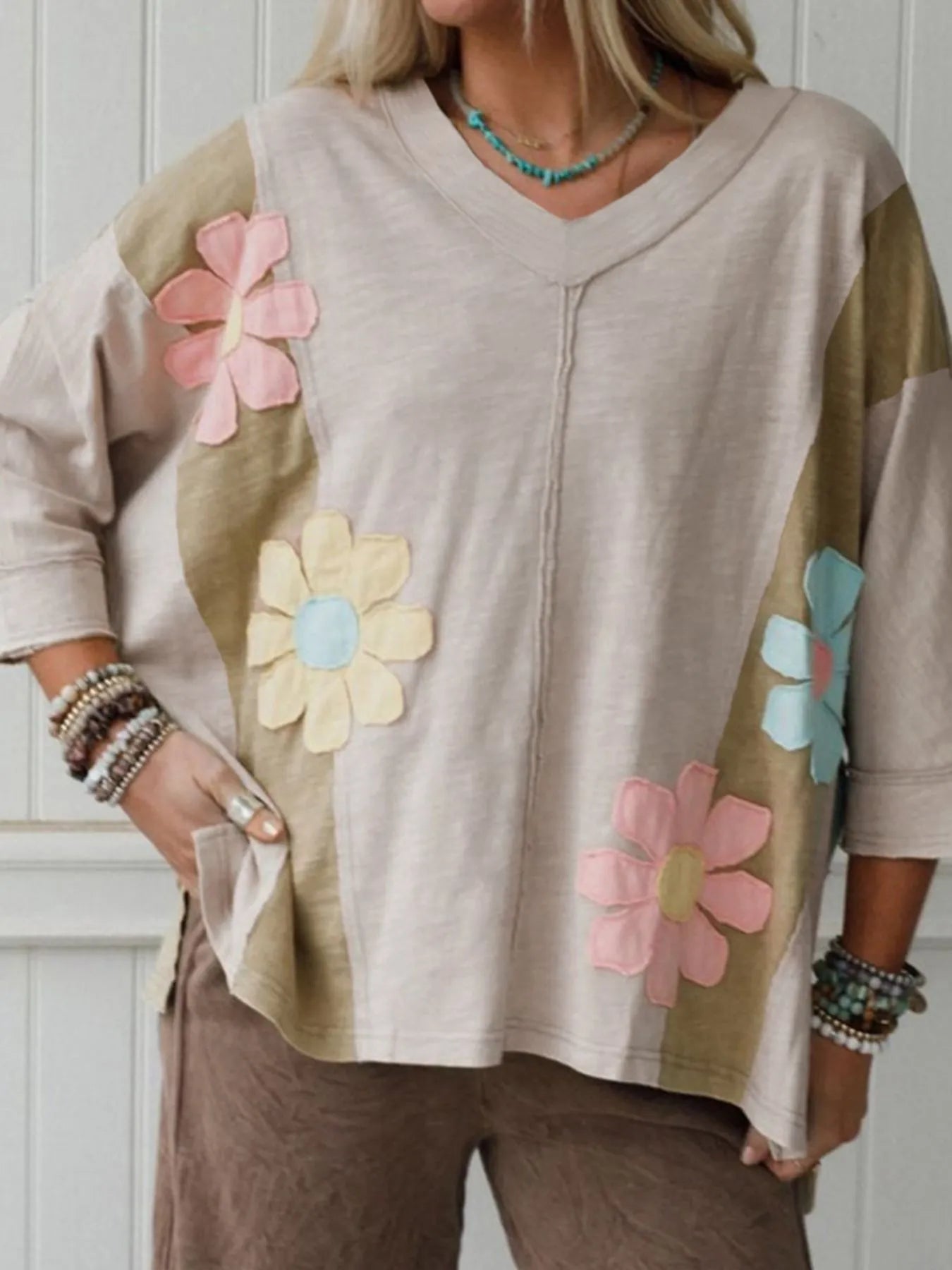 Preorder Vintage Floral Patch Color Block V-Neck T-Shirt