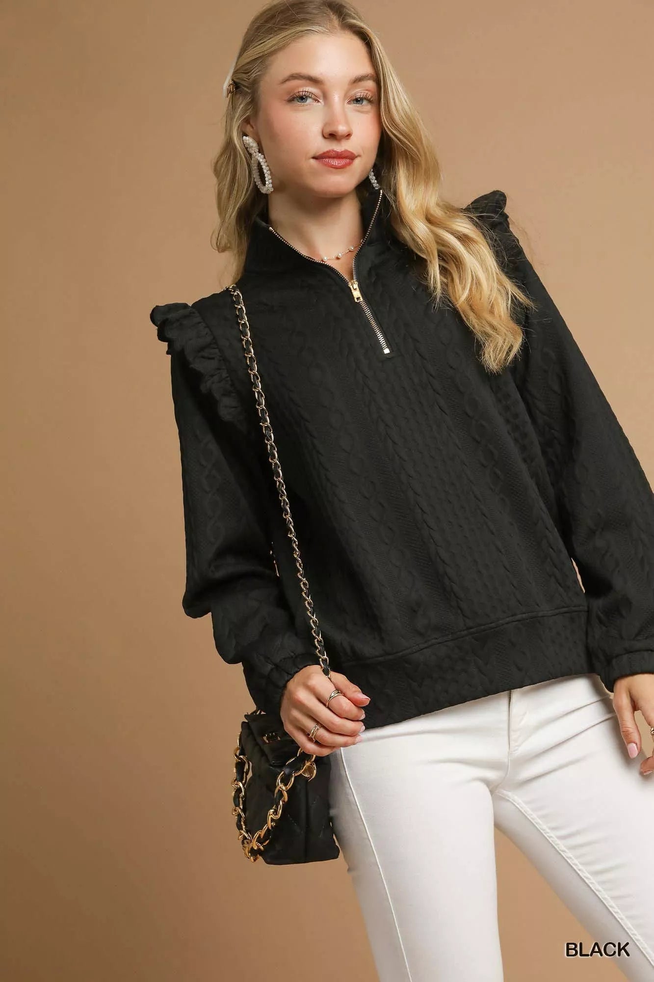 Umgee Black Half-zip Cable Knit Textured Pullover with Ruffle Shoulders Black