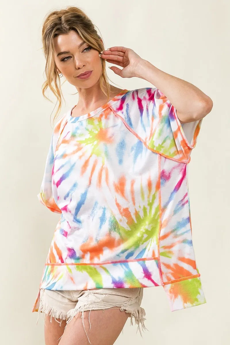 BiBi Tie Dye Print Jersey Stitched Uneven Hem Top