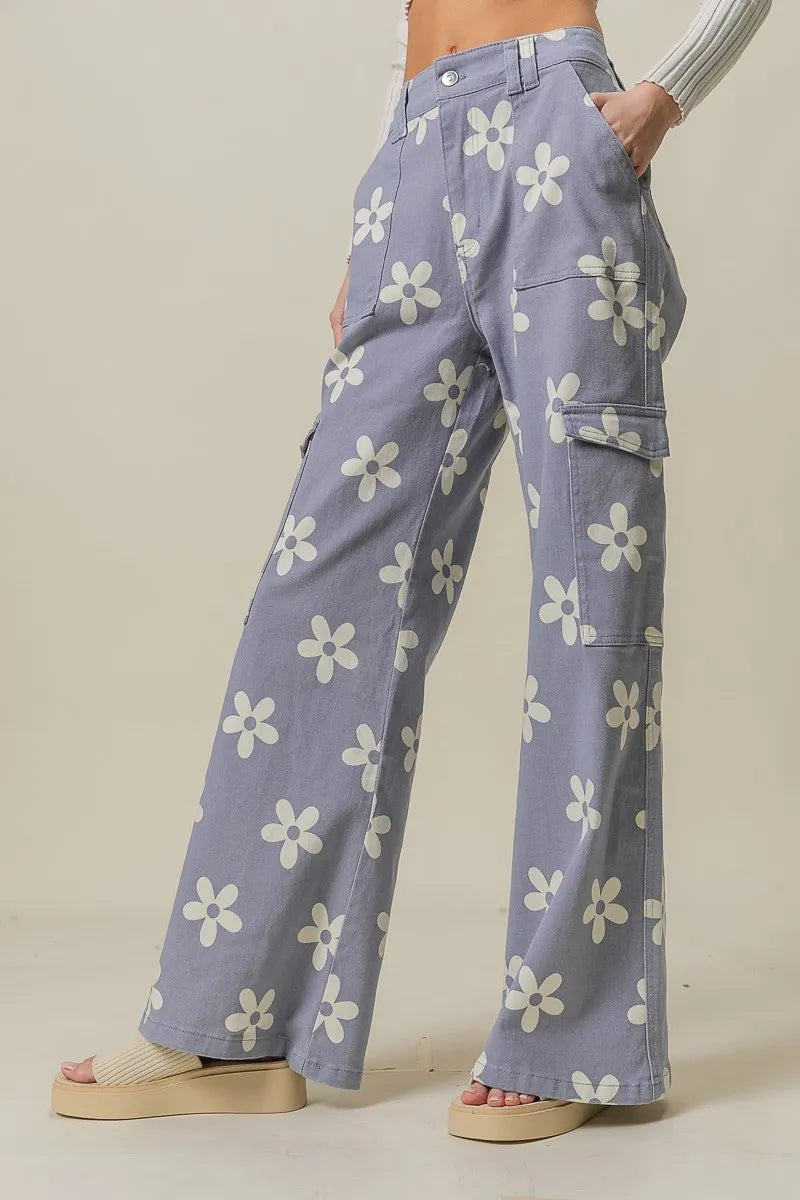 BiBi Dusty Lavender Flower Printed Side Pocket Wide Pants