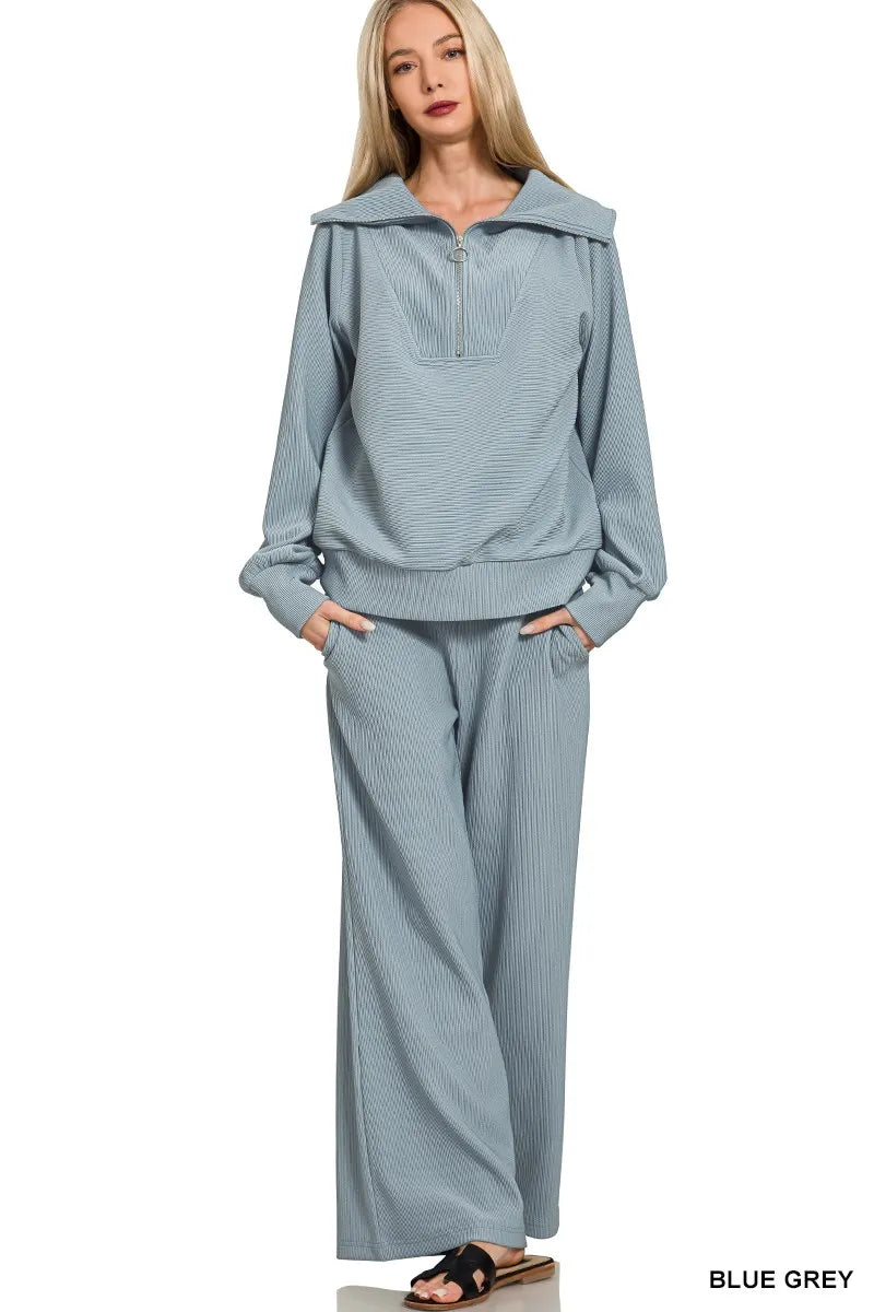 Zenana Blue Grey Ribbed High Neck Half Zip Pullover & Pants Set