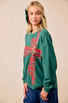 BiBi Plaid Ribbon Bow Detail Christmas Fleece Pullover – Green/Red Plaid