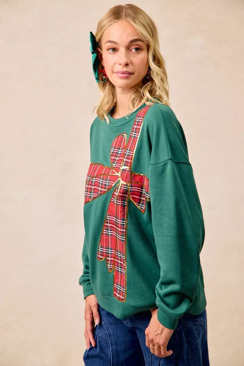 BiBi Plaid Ribbon Bow Detail Christmas Fleece Pullover – Green/Red Plaid