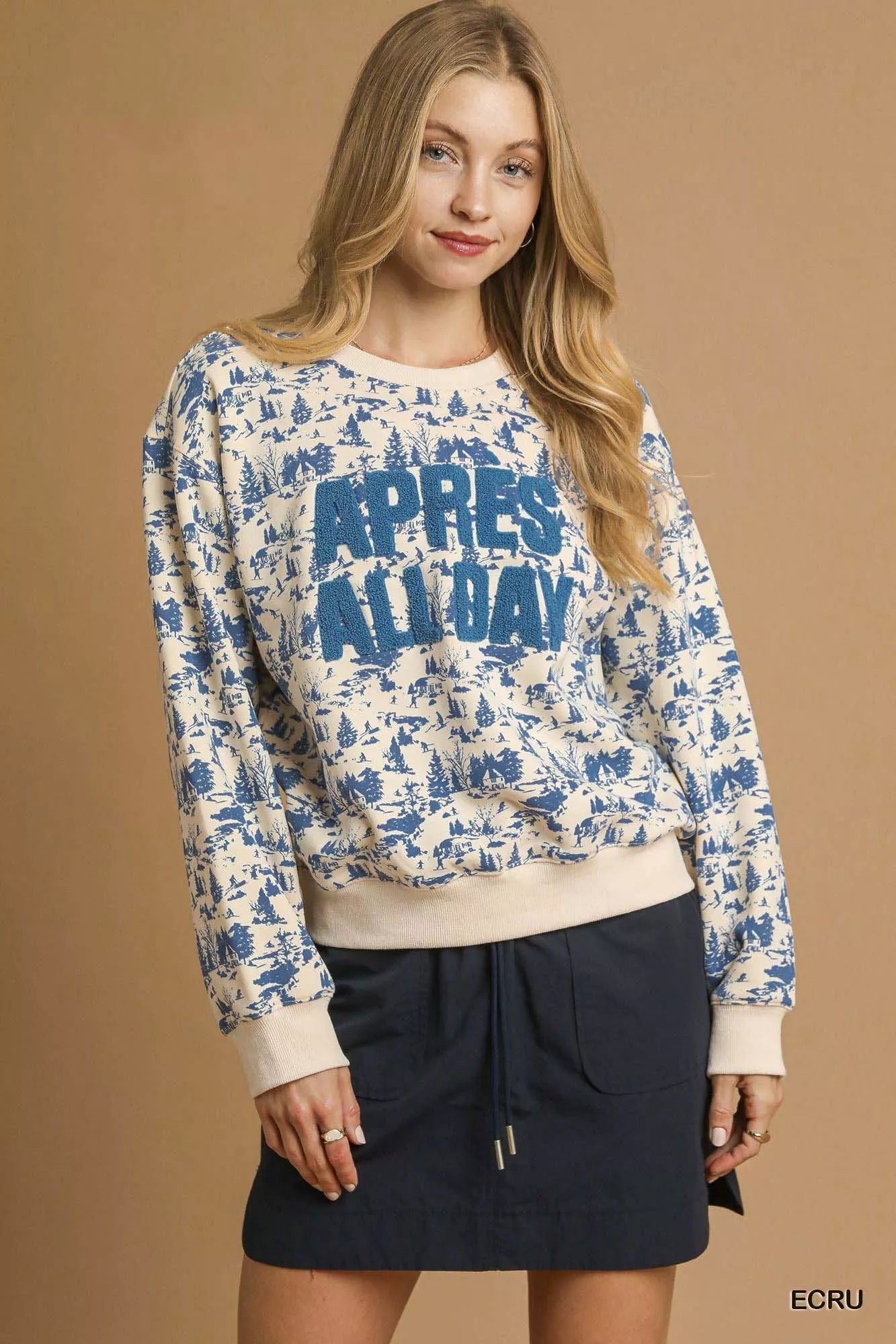 Umgee Ecru Scenic Print "Après All Day" Cropped Sweatshirt ECRU