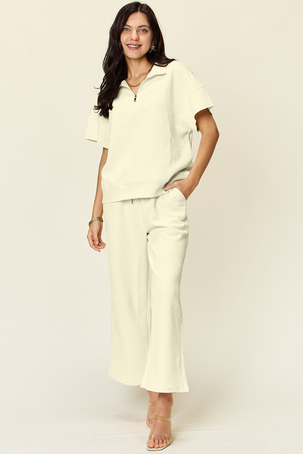 Double Take Quilted Textured Half Zip Short Sleeve Top and Pants Set Cream Outfits