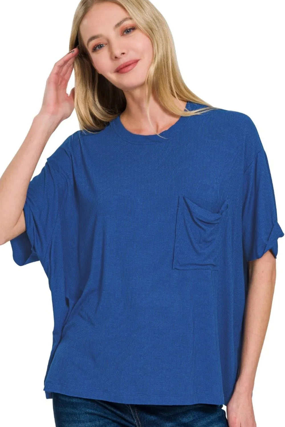 Zenana Light Navy Oversized Ribbed Round Neck Short Sleeve Tee LT NAVY