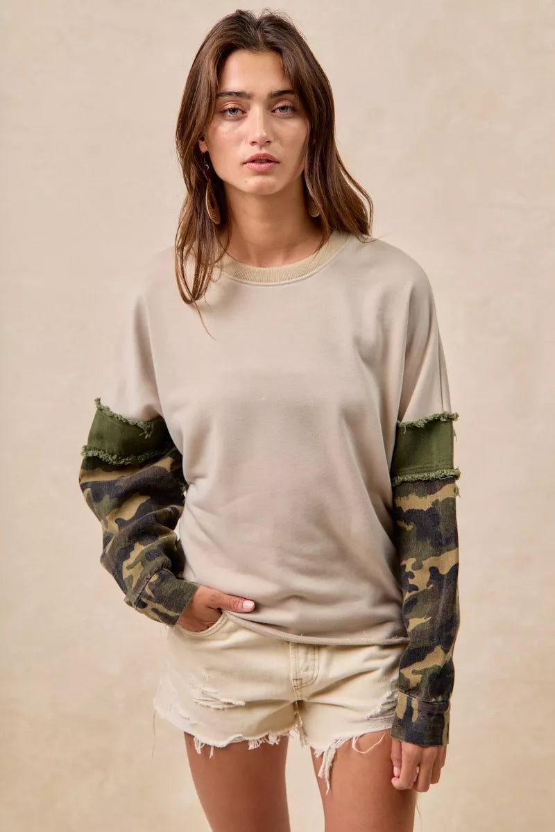 BiBi Taupe & Olive Camo Sleeve French Terry Top with Frayed Edge