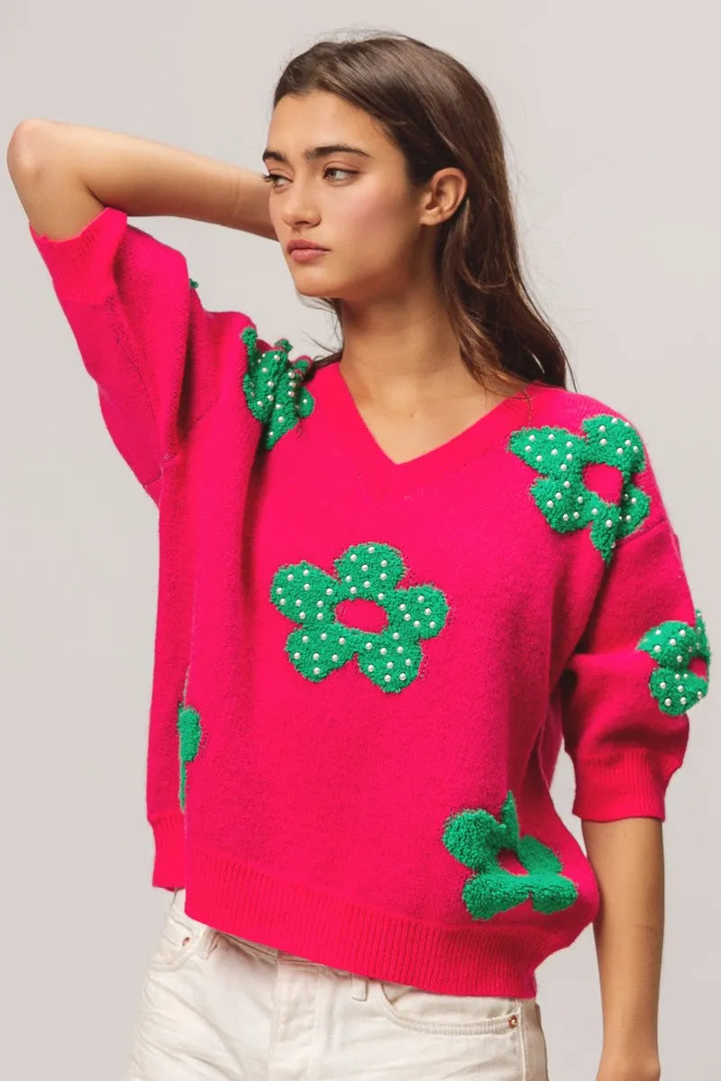 BiBi Fuchsia & Jade Pearl Beads Flowers Sweater Top