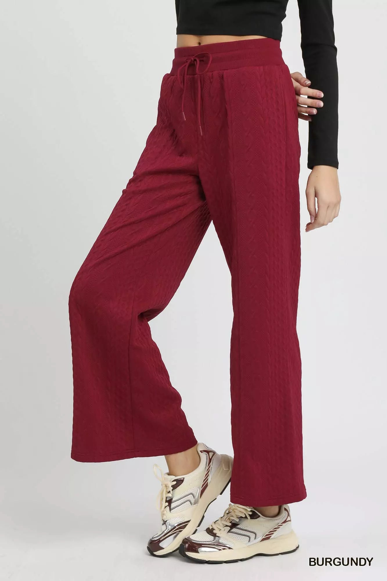 Umgee Burgundy Cable Knit Textured Wide Leg Pants