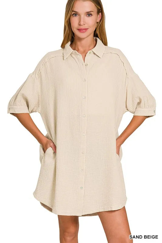 Zenana Sand Beige Washed Double Gauze Button Down Shirt Dress SAND BEIGE