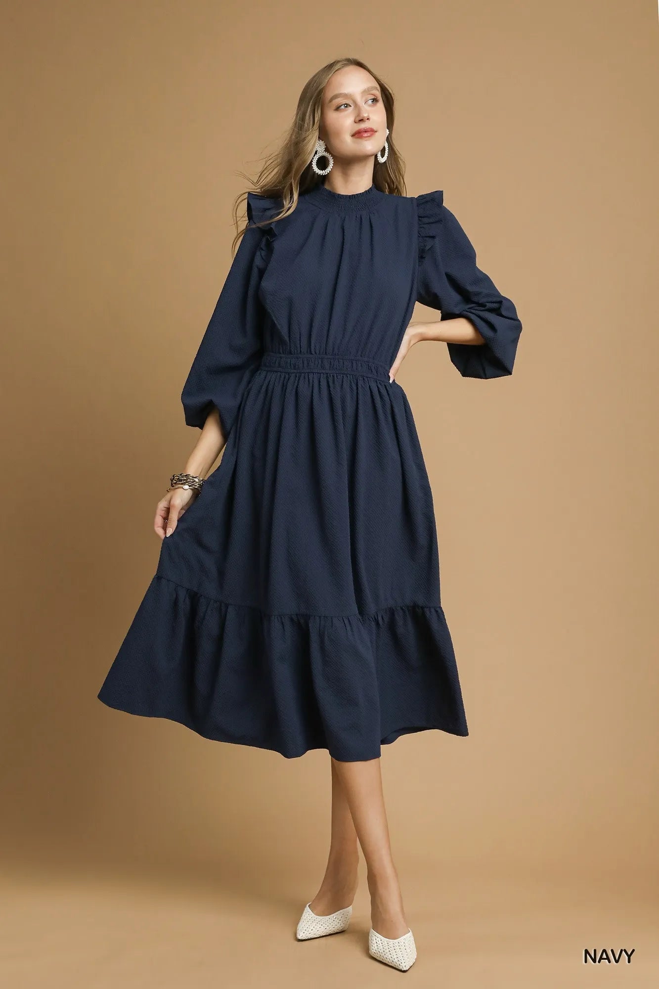 Umgee Navy Textured Midi Dress with Ruffle Shoulder Detail